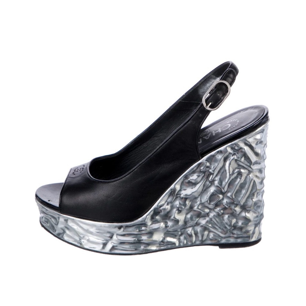 Chanel Silver Metallic Wedge Black Lambskin Open Toe Slingback Platforms
